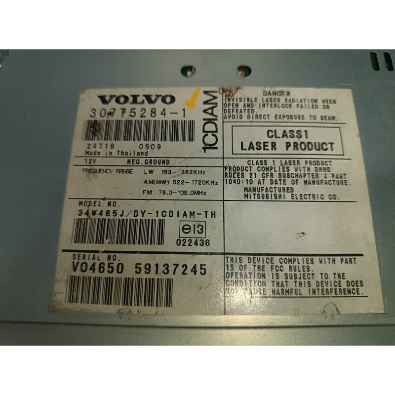 Recambio de sistema audio / radio cd para volvo s40 berlina 1.8 kinetic referencia OEM IAM 307752841 1CDIAM LECTOR CD