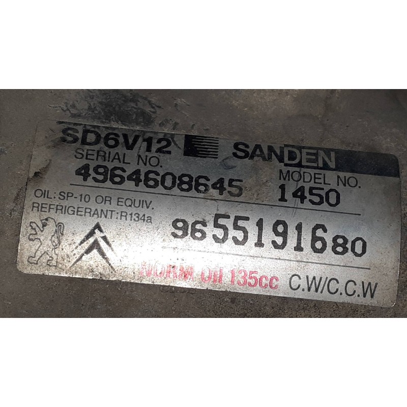 Recambio de compresor aire acondicionado para citroen c3 hdi 70 furio referencia OEM IAM 9655191680 SD6V12 SANDEN