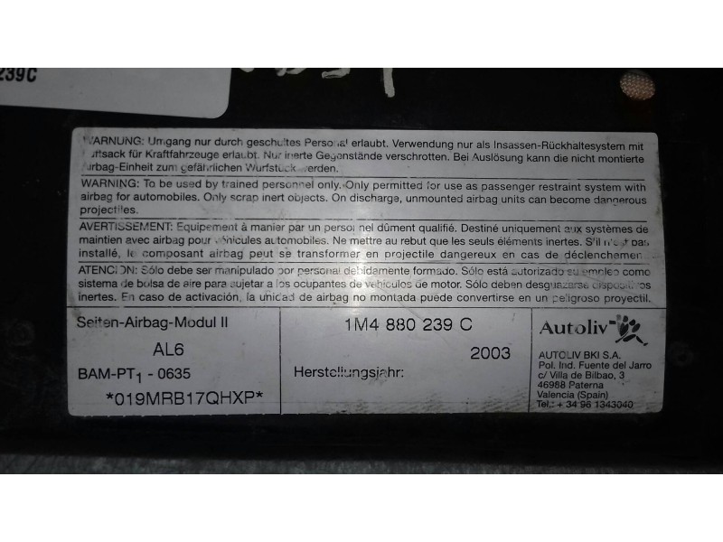 Recambio de airbag lateral delantero izquierdo para seat leon (1m1) signo referencia OEM IAM 1M4880239C  2 PINES