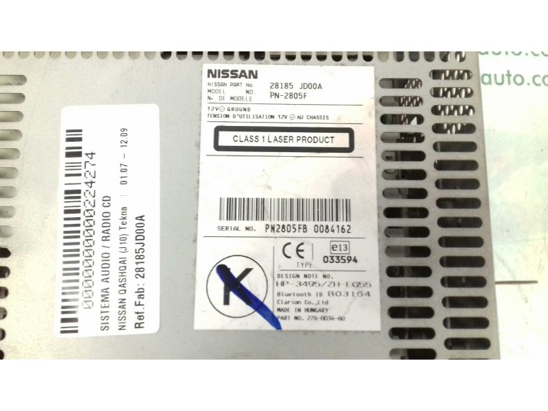 Recambio de sistema audio / radio cd para nissan qashqai (j10) tekna referencia OEM IAM 28185JD00A PN2805F 