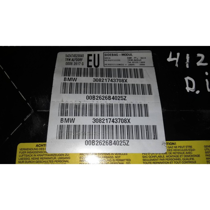 Recambio de airbag lateral delantero izquierdo para bmw serie 3 berlina (e46) 320i referencia OEM IAM 30821743708X DN12554 00B26