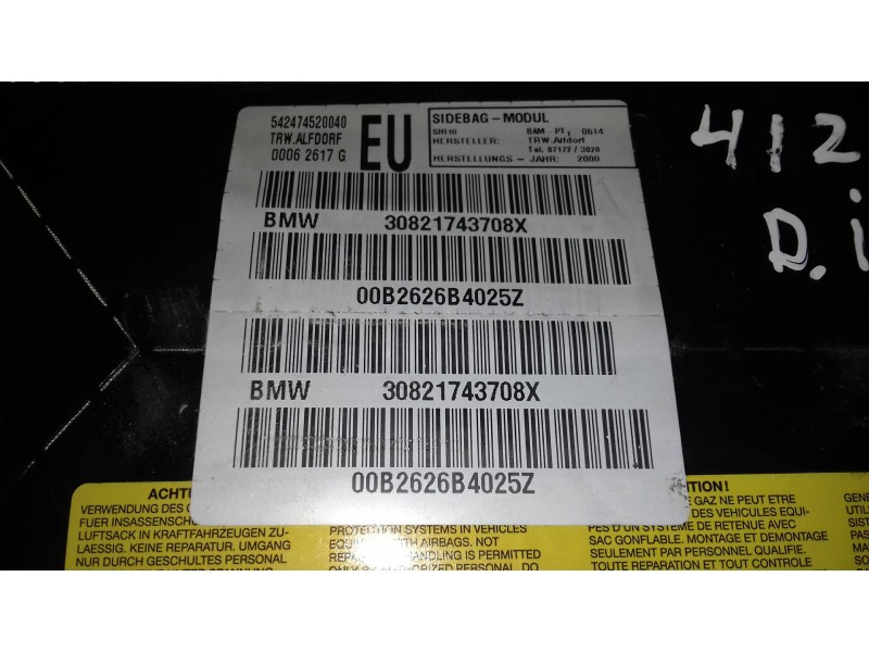 Recambio de airbag lateral delantero izquierdo para bmw serie 3 berlina (e46) 320i referencia OEM IAM 30821743708X DN12554 00B26