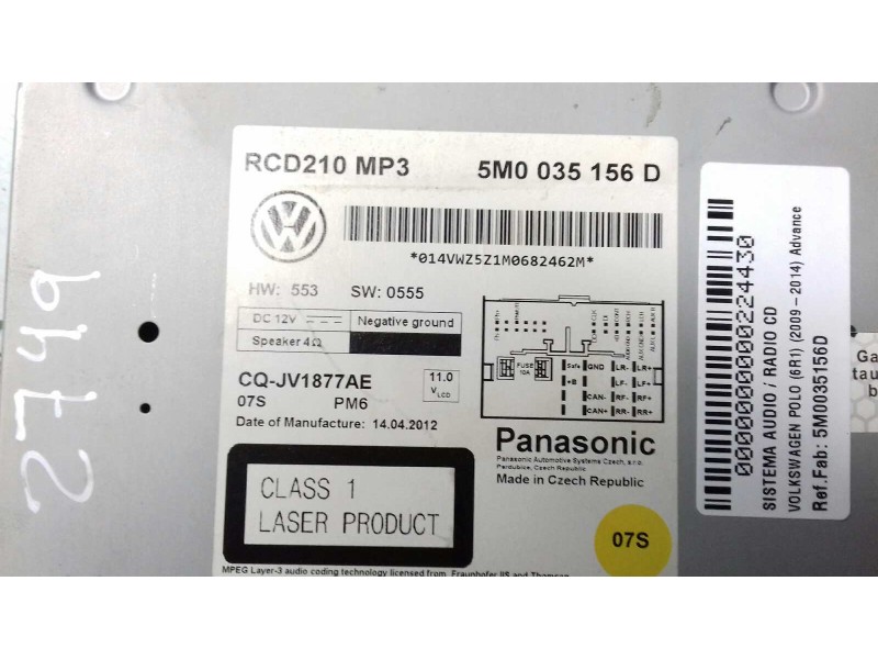 Recambio de sistema audio / radio cd para volkswagen polo (6r1) advance referencia OEM IAM 5M0035156D RCD210MP3 PANSSONIC