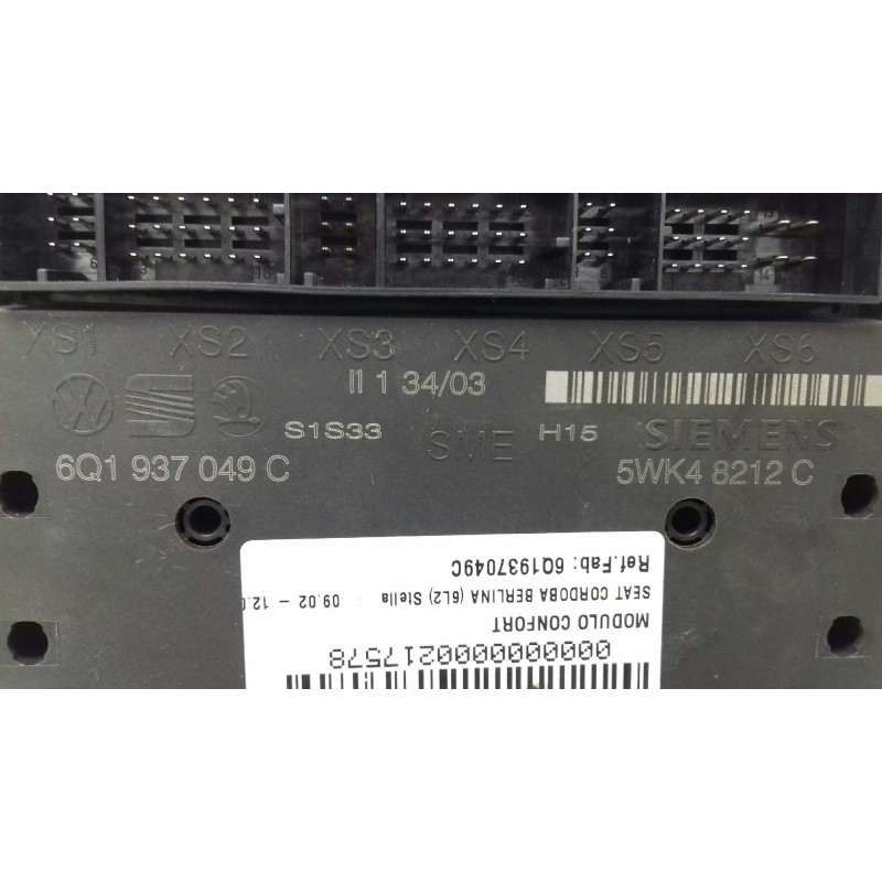 Recambio de modulo confort para seat cordoba berlina (6l2) stella referencia OEM IAM 6Q1937049C 5WK48212 SIEMENS