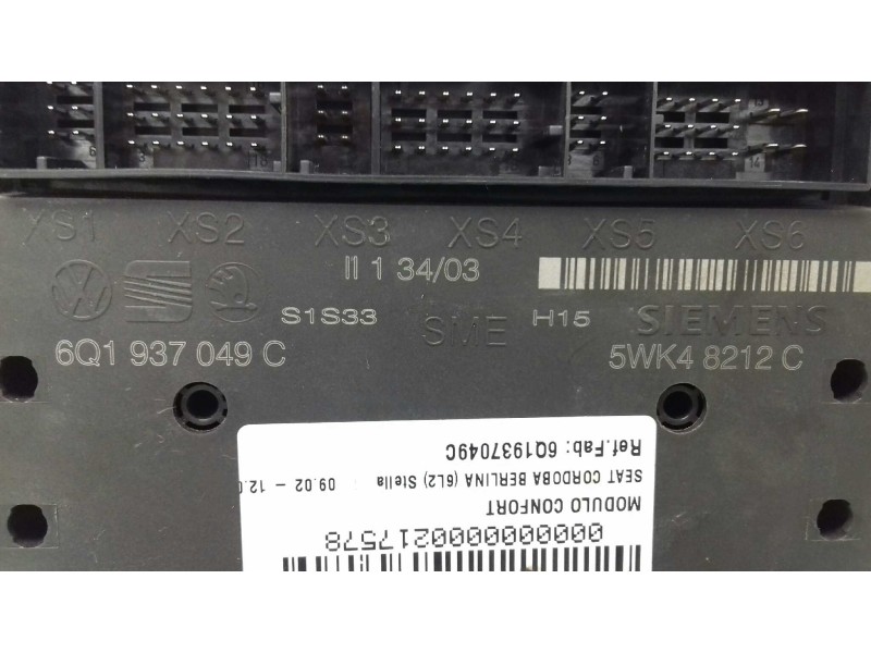 Recambio de modulo confort para seat cordoba berlina (6l2) stella referencia OEM IAM 6Q1937049C 5WK48212 SIEMENS