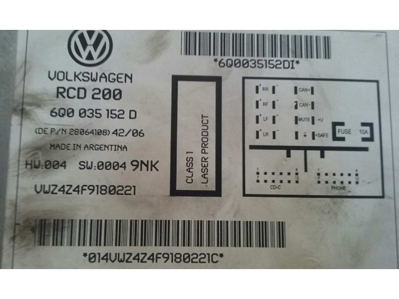 Recambio de sistema audio / radio cd para volkswagen polo (9n3) edition referencia OEM IAM 6Q0035152D RCD200 MP3 