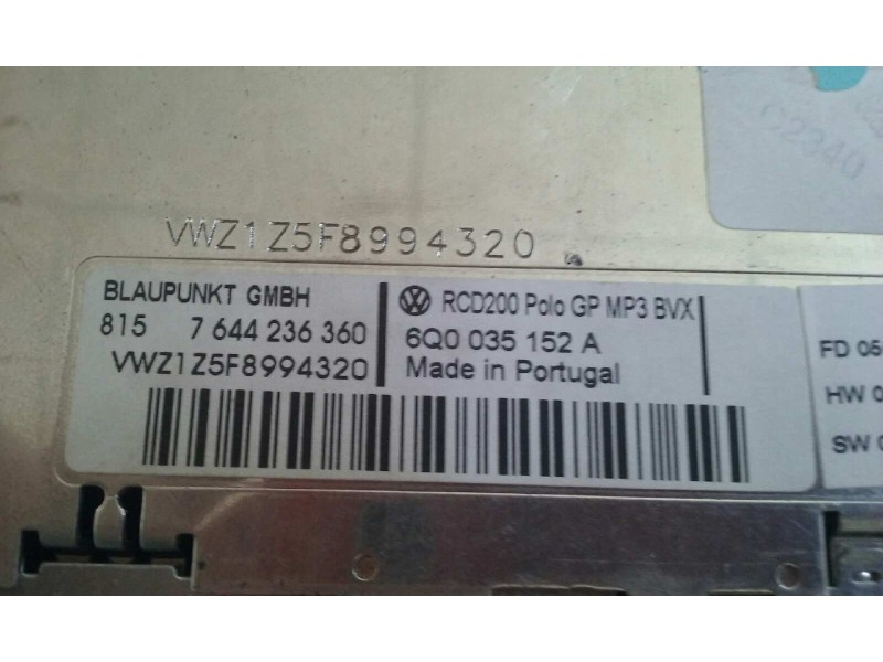 Recambio de sistema audio / radio cd para volkswagen polo (9n3) advance referencia OEM IAM 6Q0035152A RCD200 MP3 BLAUPUNKT