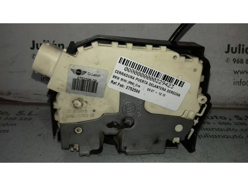 Recambio de cerradura puerta delantera derecha para bmw mini (r56) one referencia OEM IAM 2752596 2706862 975141