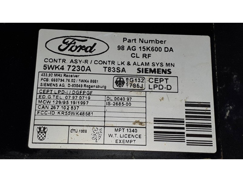 Recambio de centralita cierre para ford focus berlina (cak) ambiente referencia OEM IAM 98AG15K600DA 5WK47230A 