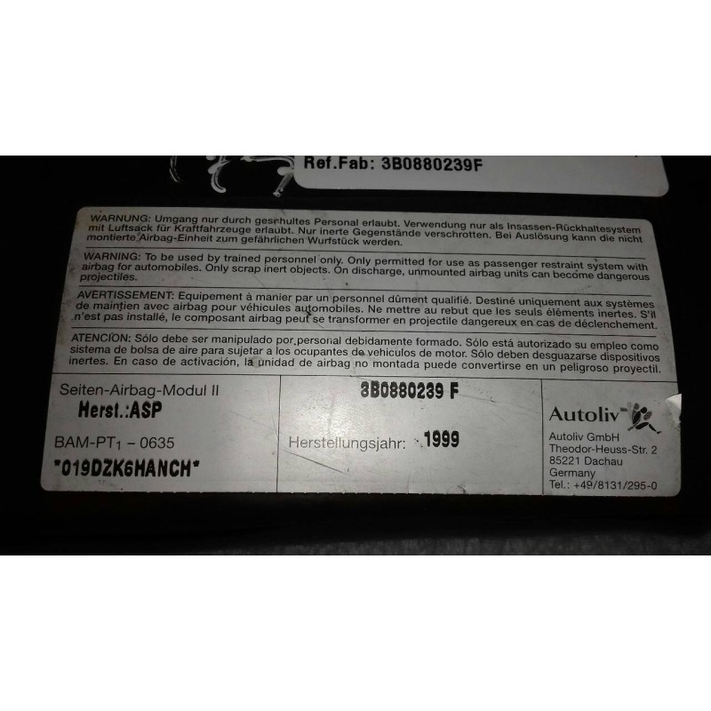 Recambio de airbag lateral delantero izquierdo para volkswagen passat berlina (3b2) comfortline referencia OEM IAM 3B0880239F  2