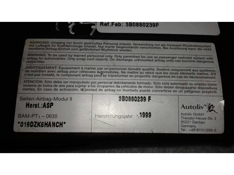 Recambio de airbag lateral delantero izquierdo para volkswagen passat berlina (3b2) comfortline referencia OEM IAM 3B0880239F  2