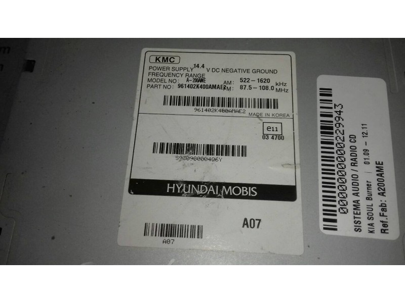 Recambio de sistema audio / radio cd para kia soul burner referencia OEM IAM A200AME 96140K400AMAE2 