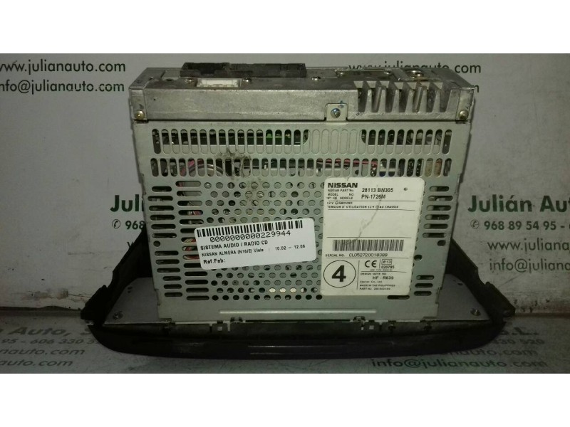 Recambio de sistema audio / radio cd para nissan almera (n16/e) visia referencia OEM IAM 28113BN305 PN1726M RADIO CASSETE