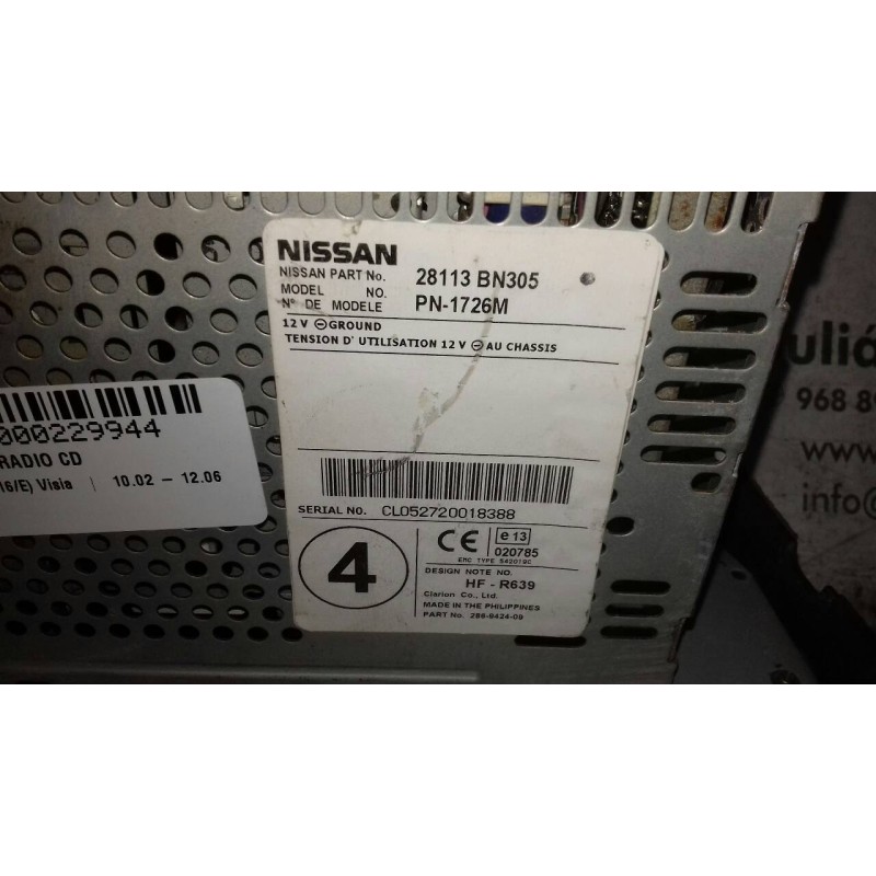 Recambio de sistema audio / radio cd para nissan almera (n16/e) visia referencia OEM IAM 28113BN305 PN1726M RADIO CASSETE