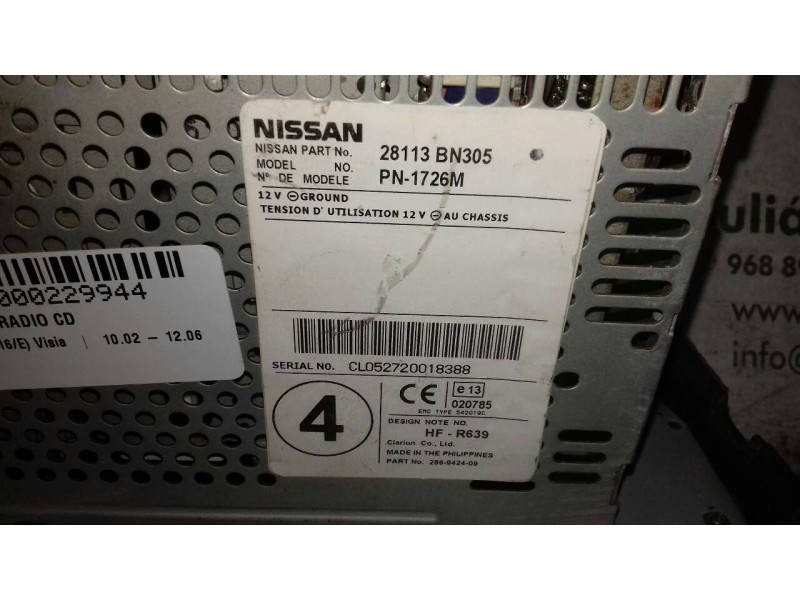 Recambio de sistema audio / radio cd para nissan almera (n16/e) visia referencia OEM IAM 28113BN305 PN1726M RADIO CASSETE