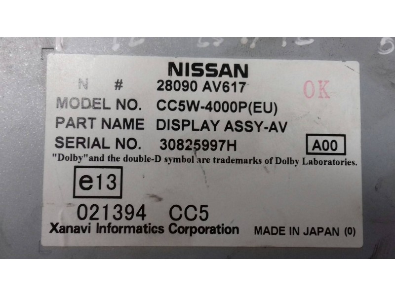 Recambio de pantalla multifuncion para nissan primera berlina (p12) acenta referencia OEM IAM 28090AV617 30825997H CC5W-4000PEU