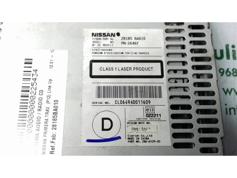Recambio de sistema audio / radio cd para nissan primera trav. (p12) line up referencia OEM IAM 28185BA010 PN2646F 