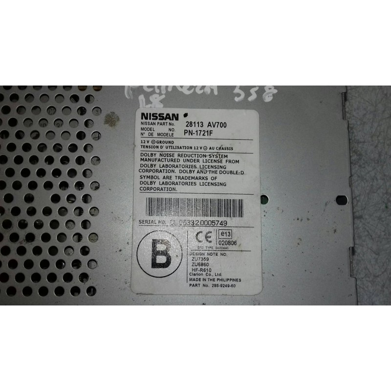 Recambio de sistema audio / radio cd para nissan primera berlina (p12) line up referencia OEM IAM 28113AV700 PN1721F CARGADOR CA