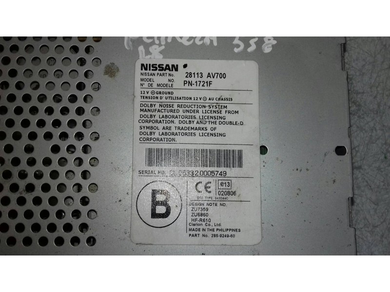 Recambio de sistema audio / radio cd para nissan primera berlina (p12) line up referencia OEM IAM 28113AV700 PN1721F CARGADOR CA
