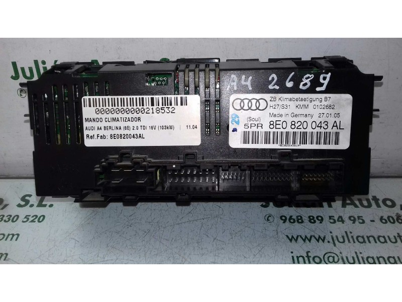 Recambio de mando climatizador para audi a4 berlina (8e) 2.0 tdi 16v (103kw) referencia OEM IAM 8E0820043AL KMM0102682 ZB KLIMAB