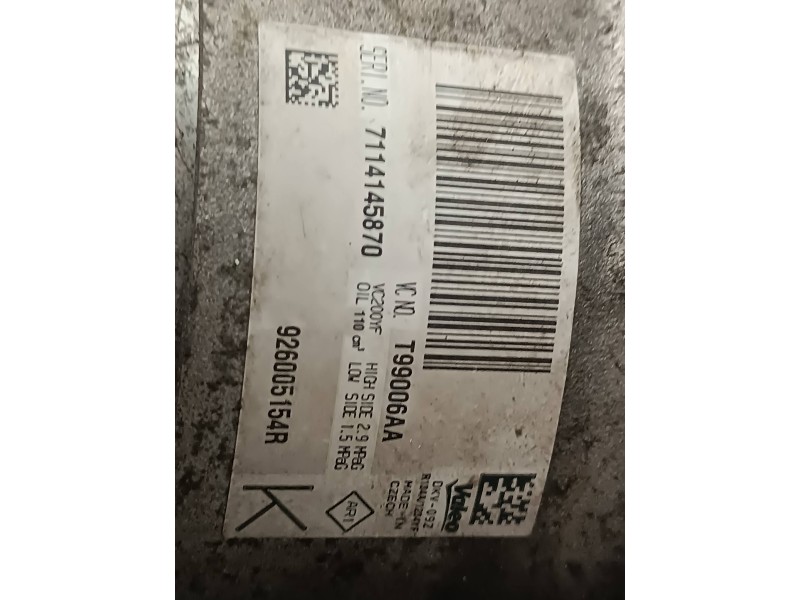 Recambio de compresor aire acondicionado para dacia duster ambiance 4x2 referencia OEM IAM 926005154R T99006AA VALEO