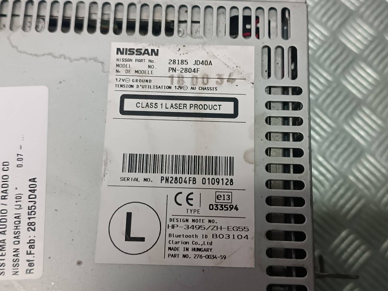 Recambio de sistema audio / radio cd para nissan qashqai (j10) referencia OEM IAM 28155JD40A PN2804FB 0109128
