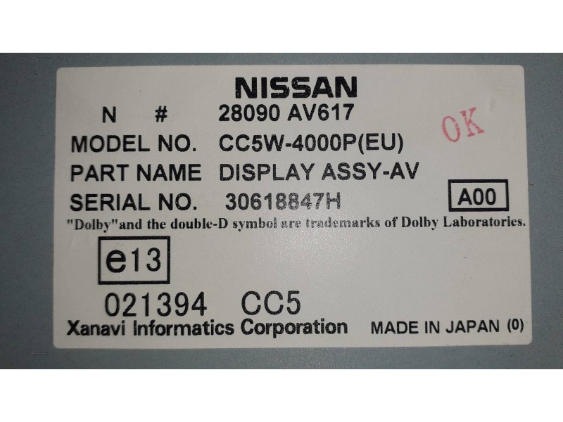 Recambio de pantalla multifuncion para nissan primera berlina (p12) referencia OEM IAM 28090AV617  CC5W4000P