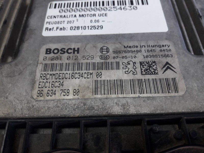 Recambio de centralita motor uce para peugeot 207 referencia OEM IAM 0281012529 9663475880 BOSCH