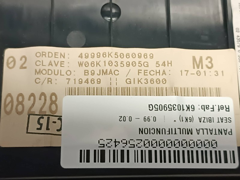 Recambio de pantalla multifuncion para seat ibiza (6k1) referencia OEM IAM 6K1035905G W06K1035905G 