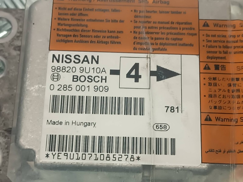 Recambio de centralita airbag para nissan note (e11e) referencia OEM IAM 988209U10A 0285001909 BOSCH