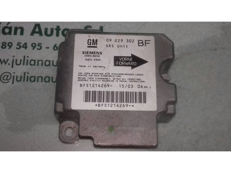 Recambio de centralita airbag para opel astra g berlina club referencia OEM IAM 09229302 5WK42925 SIEMENS