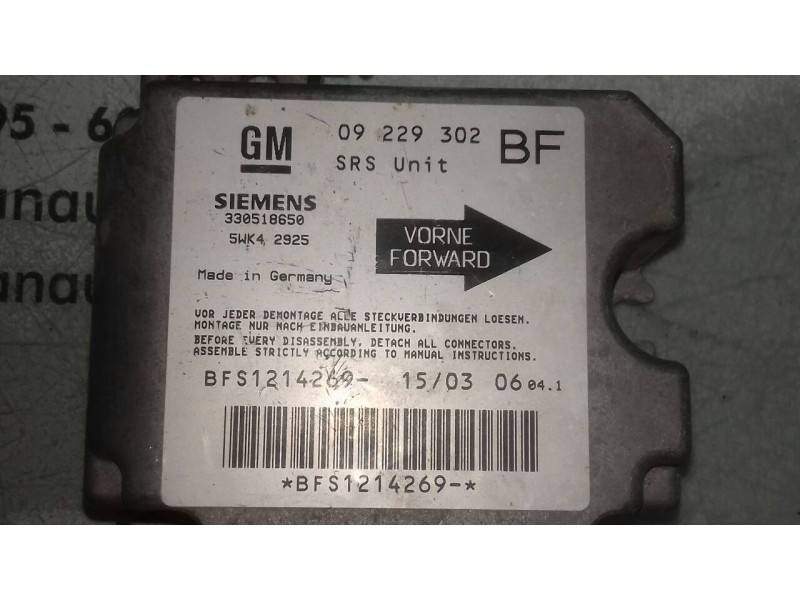 Recambio de centralita airbag para opel astra g berlina club referencia OEM IAM 09229302 5WK42925 SIEMENS