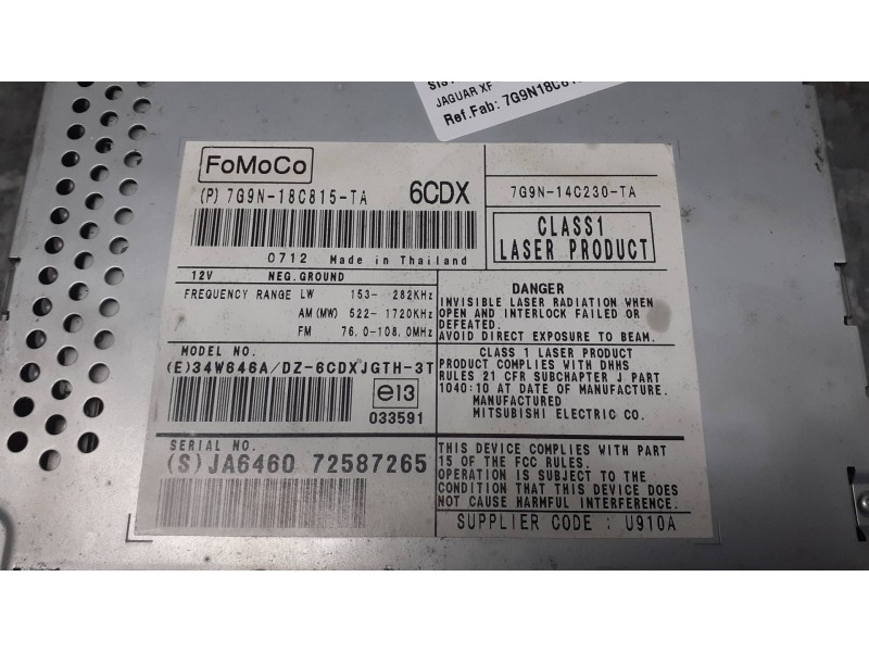 Recambio de sistema audio / radio cd para jaguar xf referencia OEM IAM 7G9N18C815TA 6CDX FOMOCO