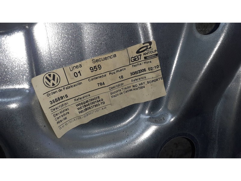Recambio de elevalunas trasero derecho para volkswagen polo (9n1) referencia OEM IAM W06Q4839402E SIN MOTOR ELECTRICO