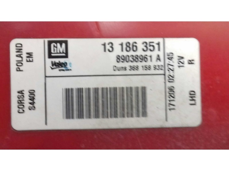 Recambio de piloto trasero derecho para opel corsa d ´´111 years´´ referencia OEM IAM 13186351 89038961A 