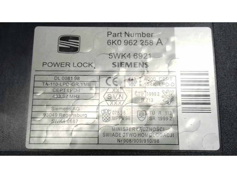 Recambio de modulo electronico para seat ibiza (6k1) select referencia OEM IAM 6K0962258A 5WK46921 SIEMENS