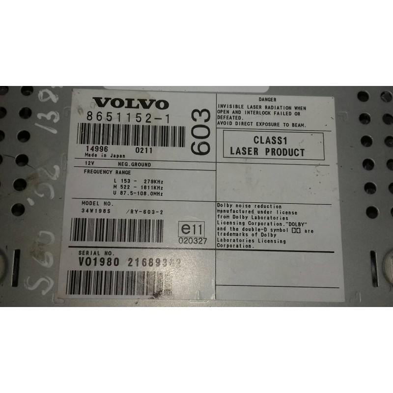 Recambio de sistema audio / radio cd para volvo s60 berlina 2.4 d referencia OEM IAM 86511521 V01980 21689362 