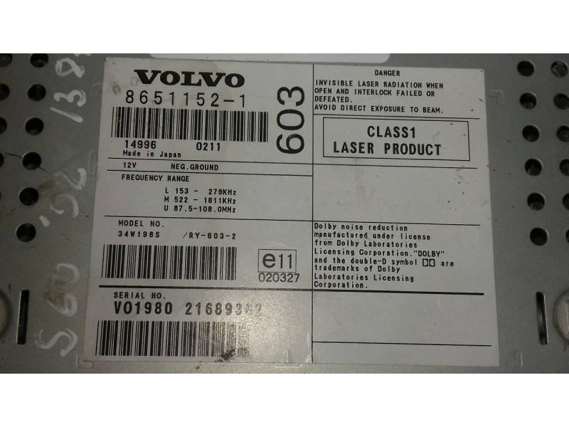 Recambio de sistema audio / radio cd para volvo s60 berlina 2.4 d referencia OEM IAM 86511521 V01980 21689362 