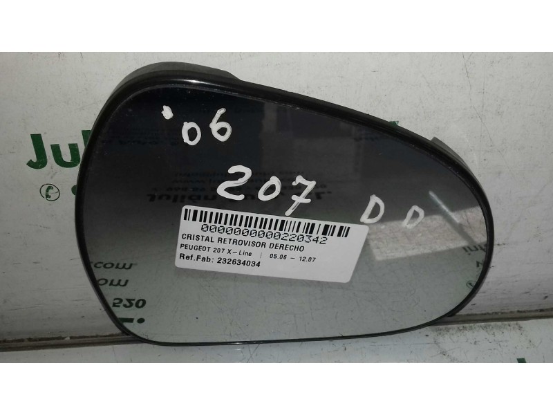 Recambio de cristal retrovisor derecho para peugeot 207 x-line referencia OEM IAM 232634034  TERMICO