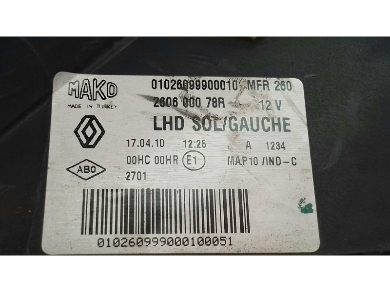 Recambio de faro izquierdo para renault fluence dynamique referencia OEM IAM 260600078  