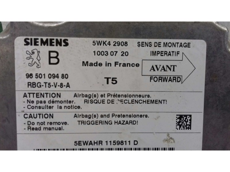 Recambio de centralita airbag para peugeot 307 (s1) xn referencia OEM IAM 9650109480 5WK42908 SIEMENS