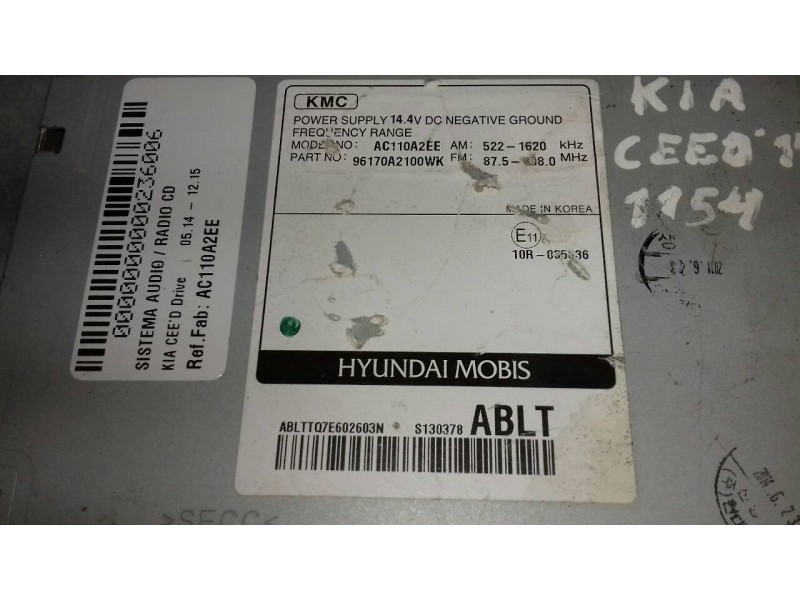 Recambio de sistema audio / radio cd para kia cee´d drive referencia OEM IAM AC110A2EE 96170A2100WK 10R035836