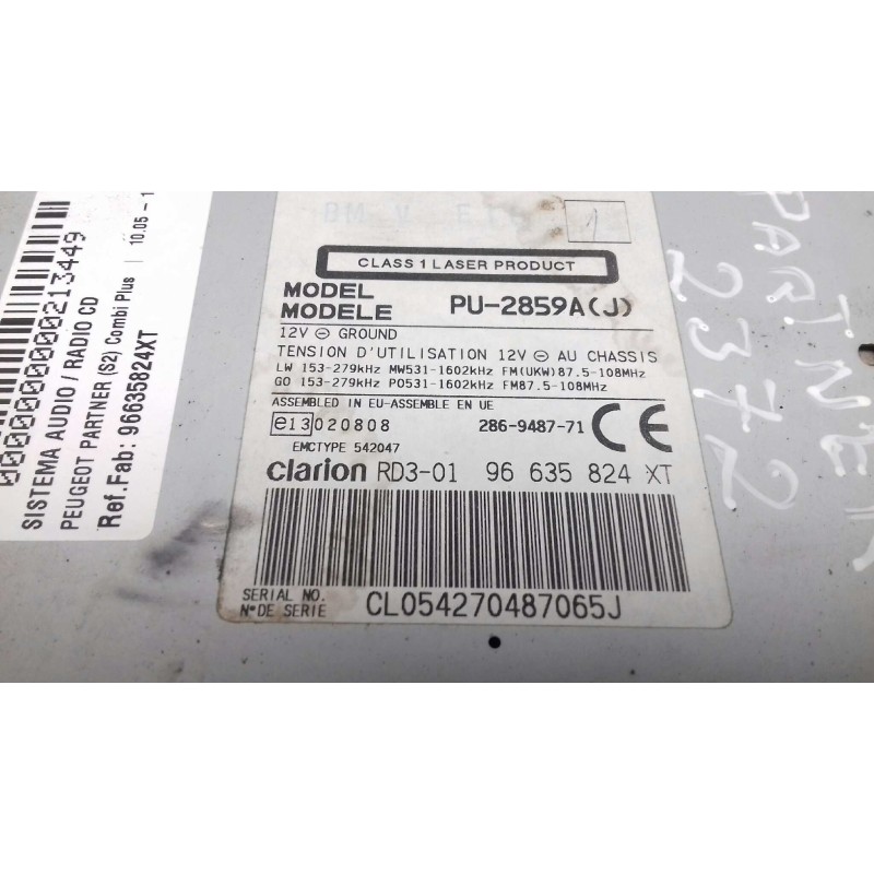 Recambio de sistema audio / radio cd para peugeot partner (s2) combi plus referencia OEM IAM 96635824XT PU2859AJ CLARION RD301
