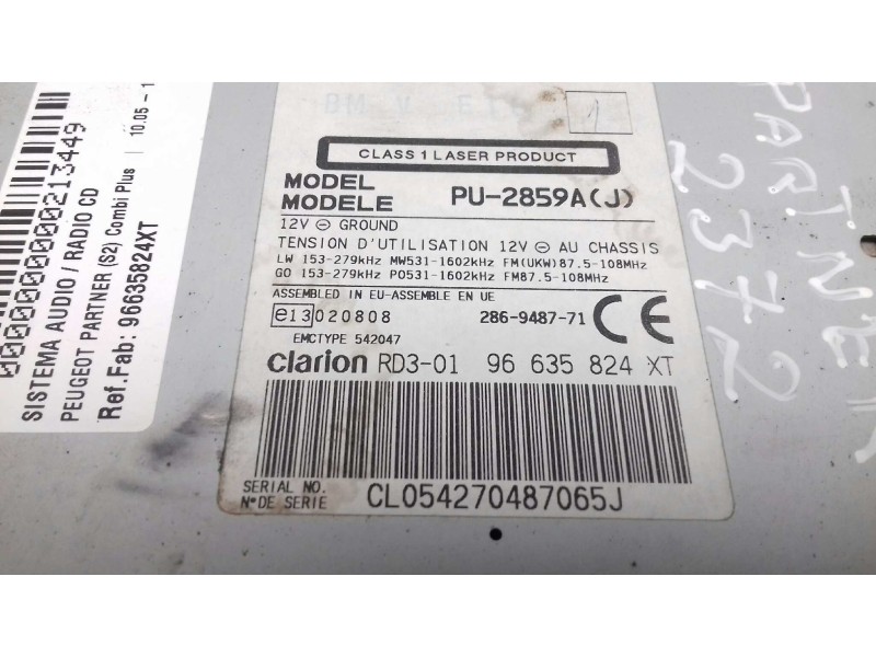 Recambio de sistema audio / radio cd para peugeot partner (s2) combi plus referencia OEM IAM 96635824XT PU2859AJ CLARION RD301