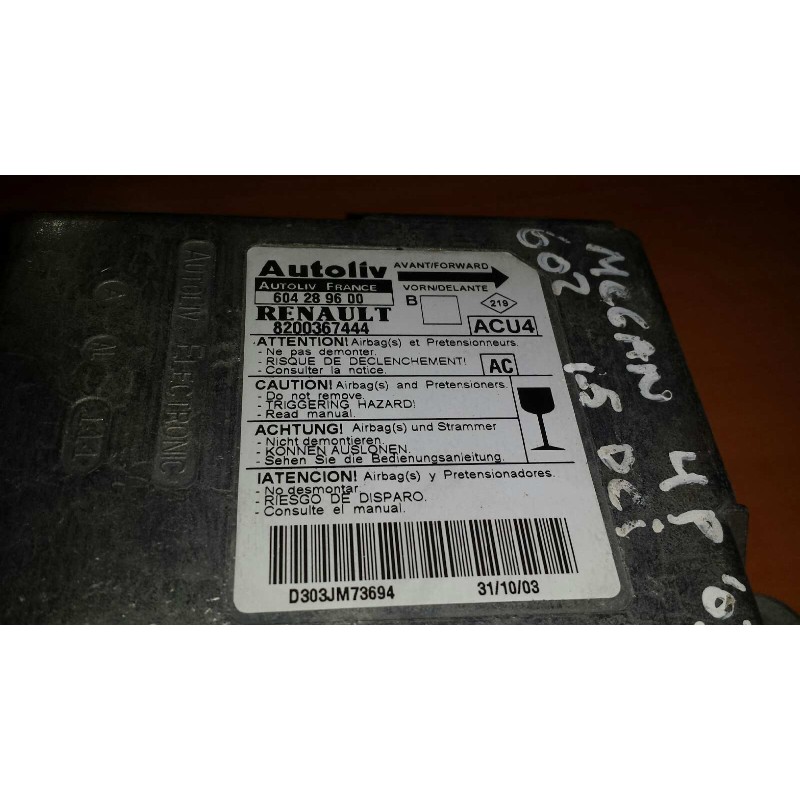 Recambio de centralita airbag para renault megane ii classic berlina confort authentique referencia OEM IAM 604289600 8200367444