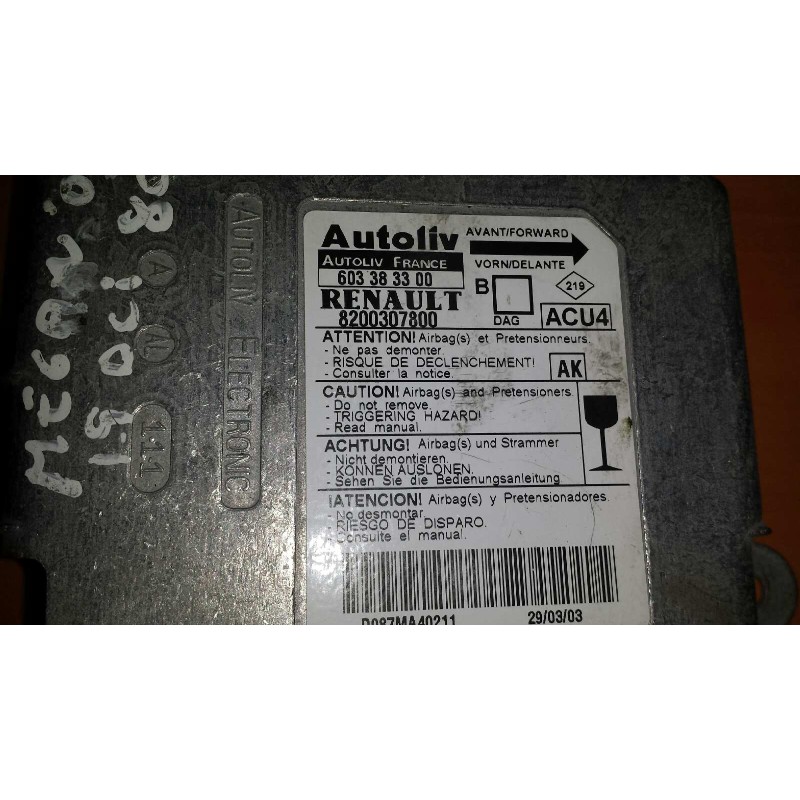 Recambio de centralita airbag para renault megane ii berlina 5p confort authentique referencia OEM IAM 603383300 8200307800 AUTO