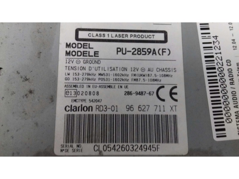 Recambio de sistema audio / radio cd para peugeot partner (s2) totem referencia OEM IAM 96627711XT PU2859A 