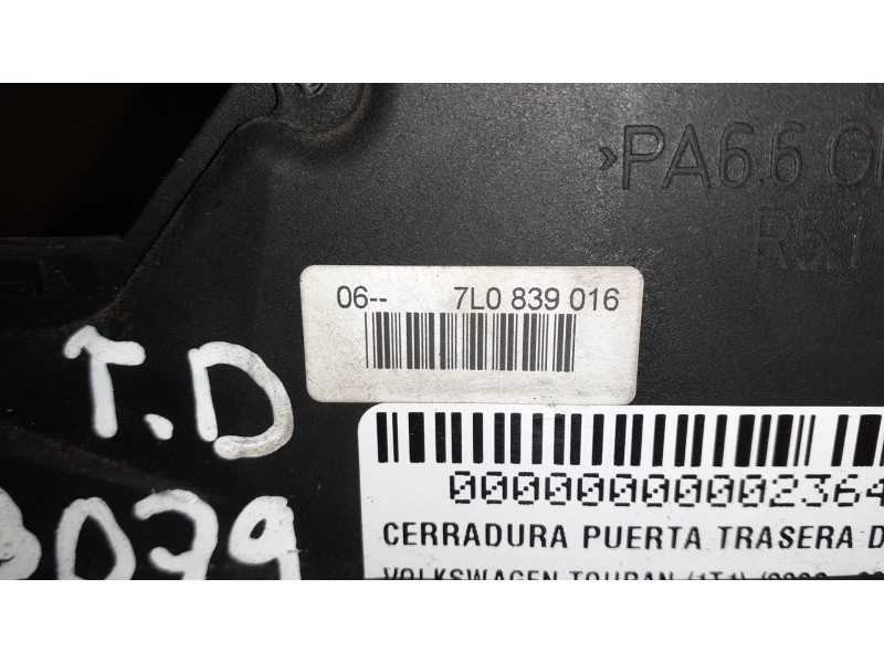 Recambio de cerradura puerta trasera derecha para volkswagen touran (1t1) advance referencia OEM IAM 7L0839016  