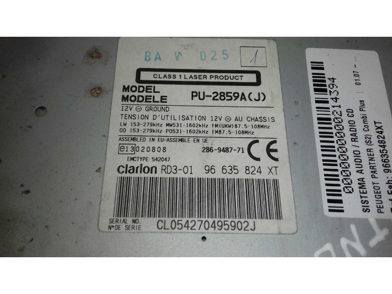 Recambio de sistema audio / radio cd para peugeot partner (s2) combi plus referencia OEM IAM 966354824XT PU2859AJ CLARIONRD301