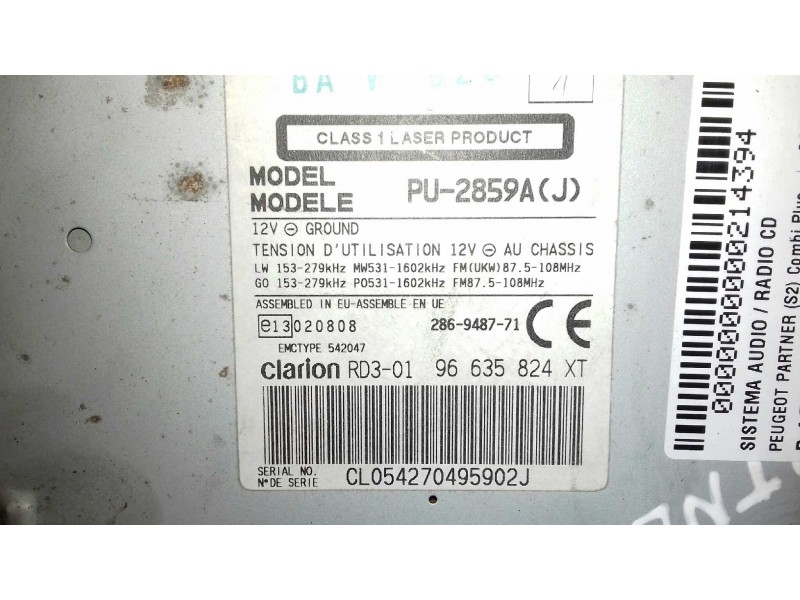 Recambio de sistema audio / radio cd para peugeot partner (s2) combi plus referencia OEM IAM 966354824XT PU2859AJ CLARIONRD301